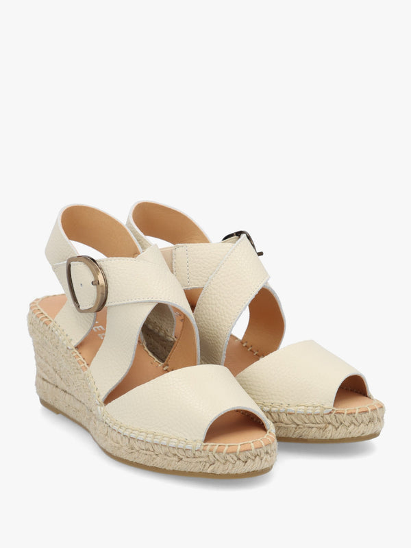 Juckle Cream Leather Cross Strap Wedge Espadrilles