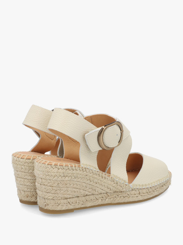 Juckle Cream Leather Cross Strap Wedge Espadrilles