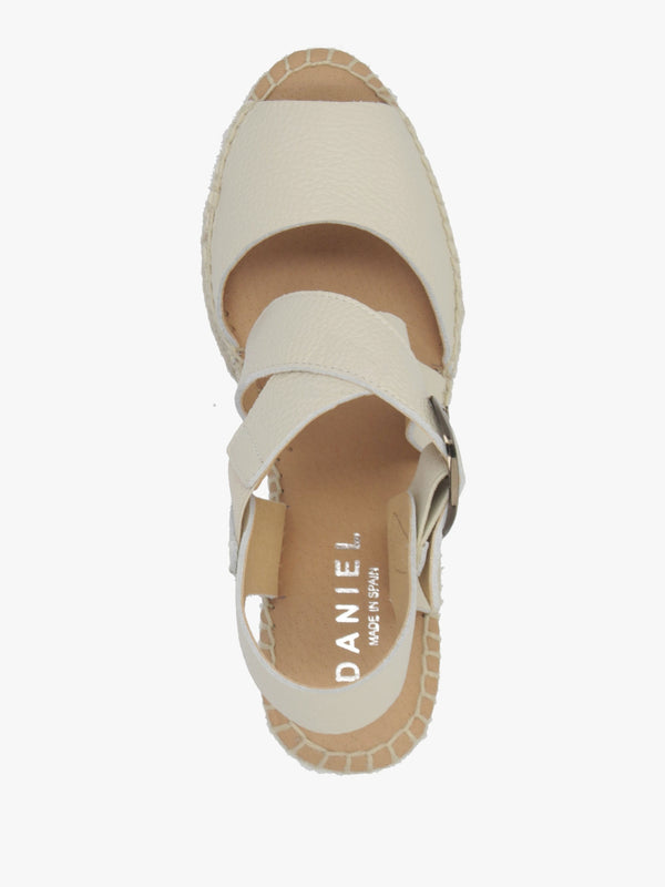 Juckle Cream Leather Cross Strap Wedge Espadrilles