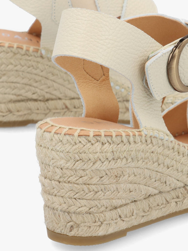 Juckle Cream Leather Cross Strap Wedge Espadrilles