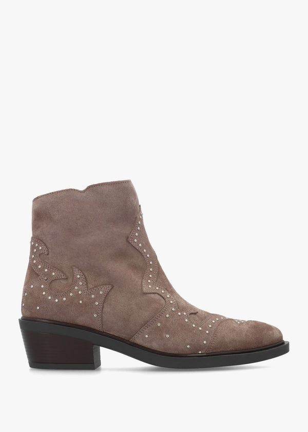 Ikmos Taupe Suede Studded Western Ankle Boots