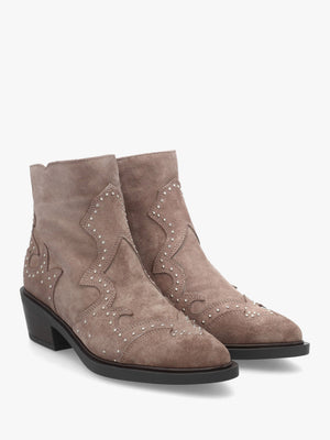 Ikmos Taupe Suede Studded Western Ankle Boots