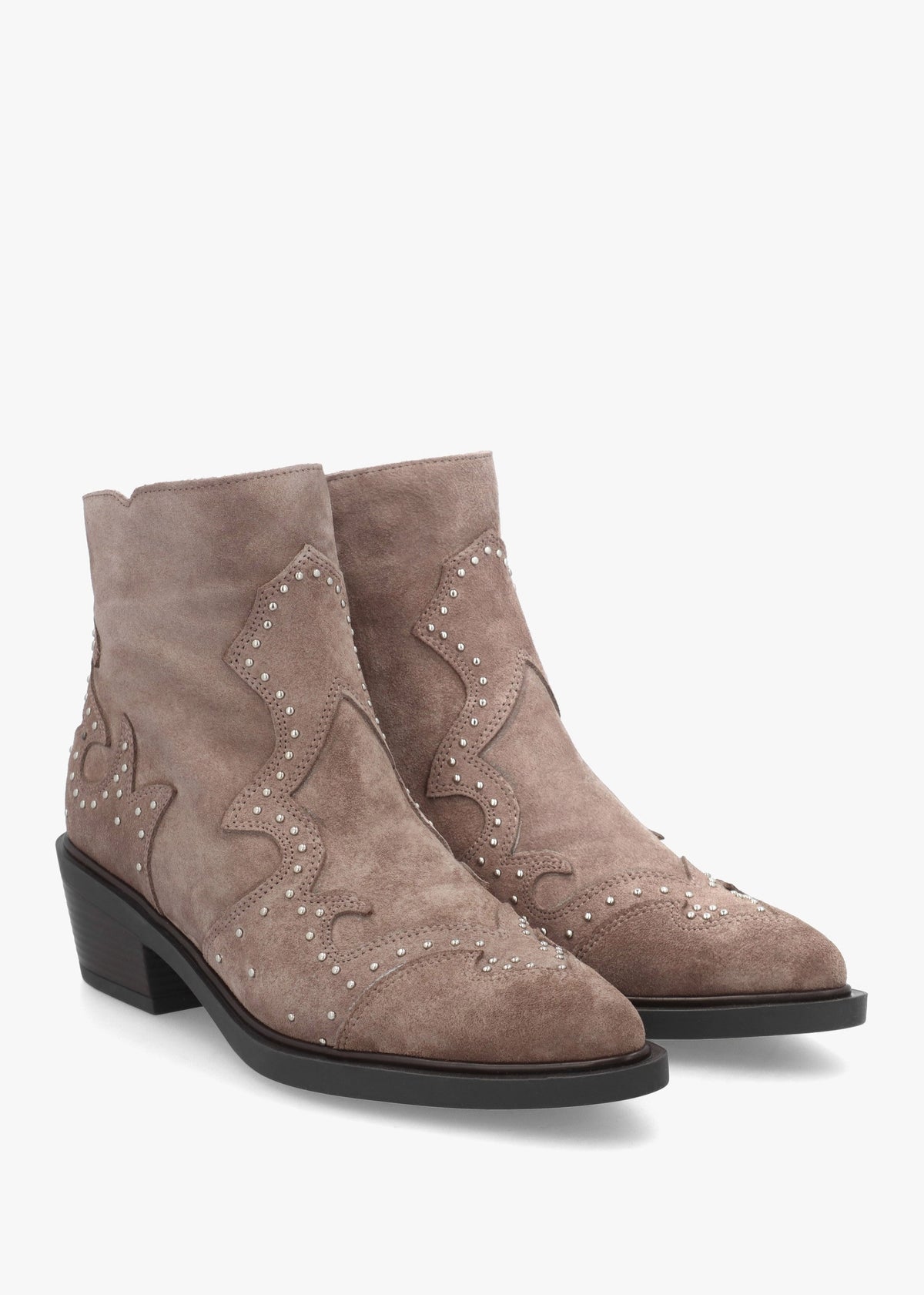 Ikmos Taupe Suede Studded Western Ankle Boots
