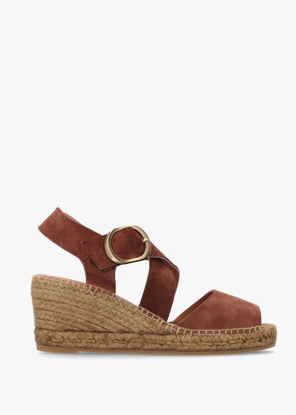 Juckle Tan Suede Cross Strap Wedge Espadrilles
