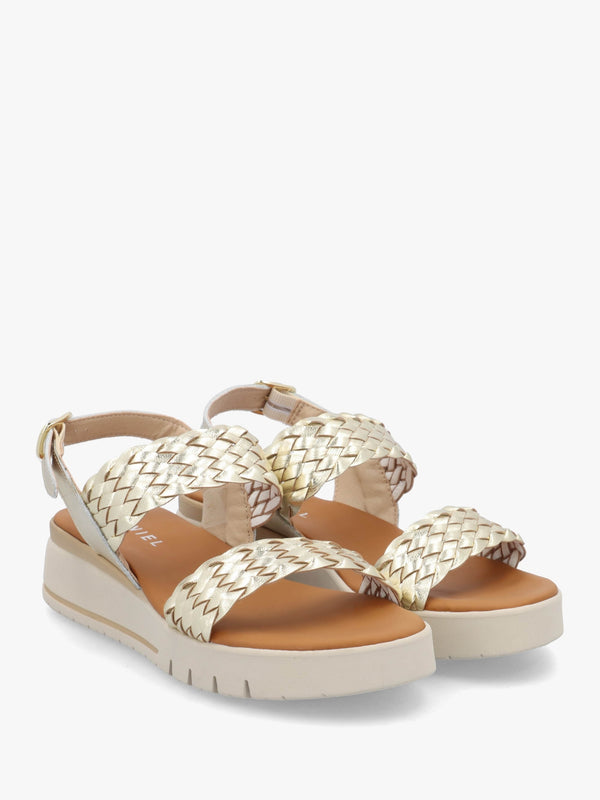 Lait Gold Leather Woven Sling Back Low Wedge Sandals