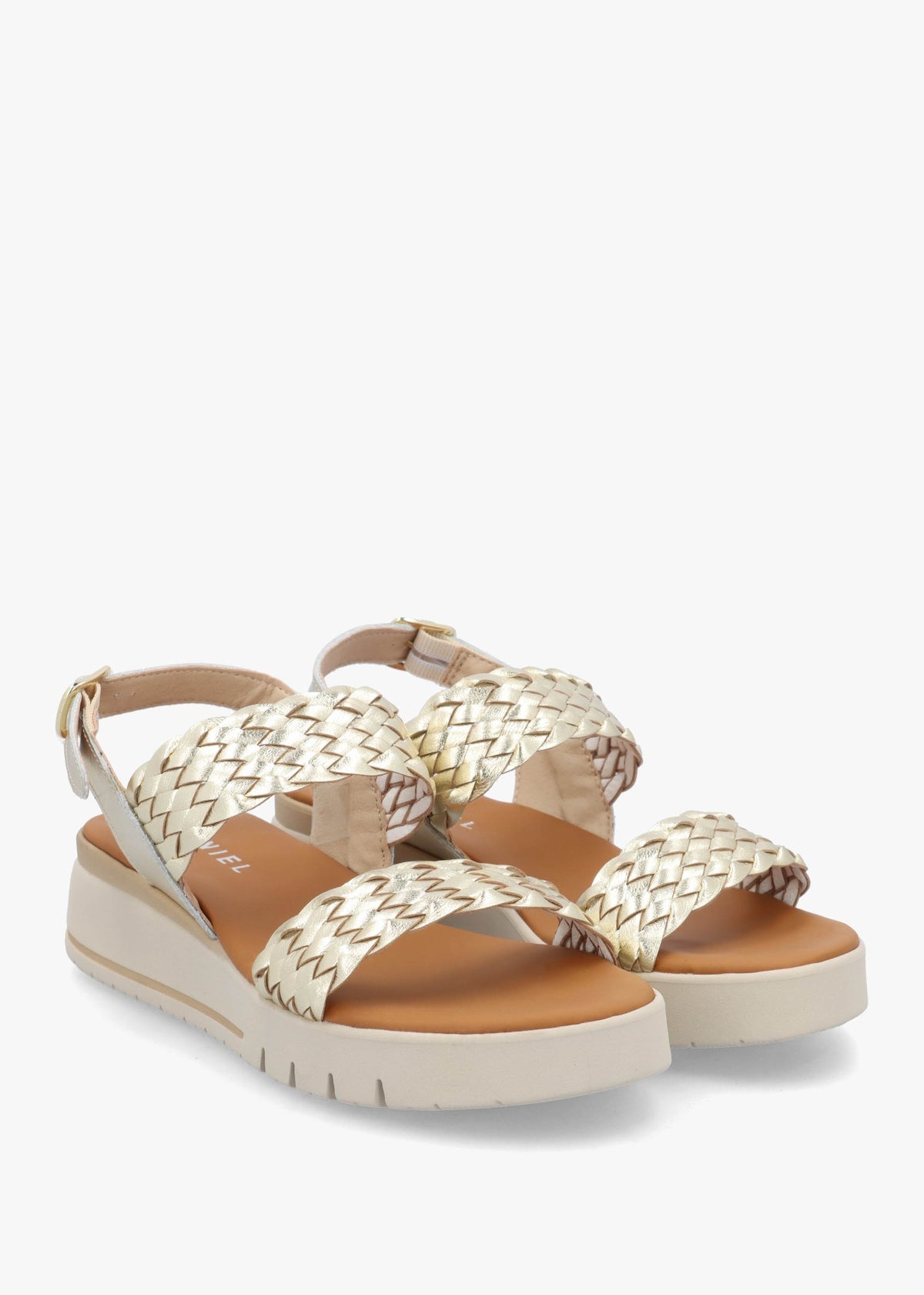 Lait Gold Leather Woven Sling Back Low Wedge Sandals