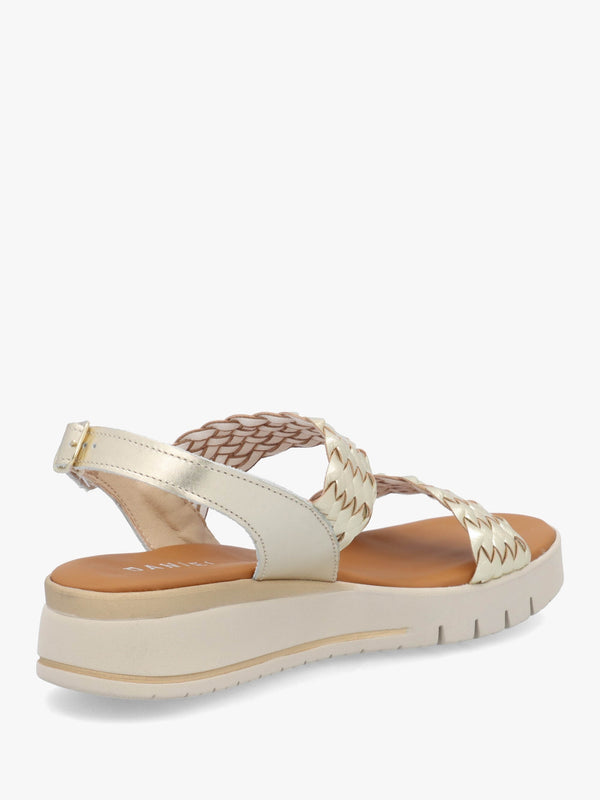 Lait Gold Leather Woven Sling Back Low Wedge Sandals