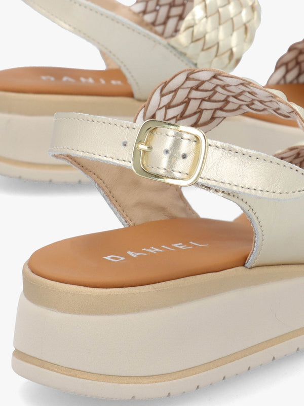 Lait Gold Leather Woven Sling Back Low Wedge Sandals