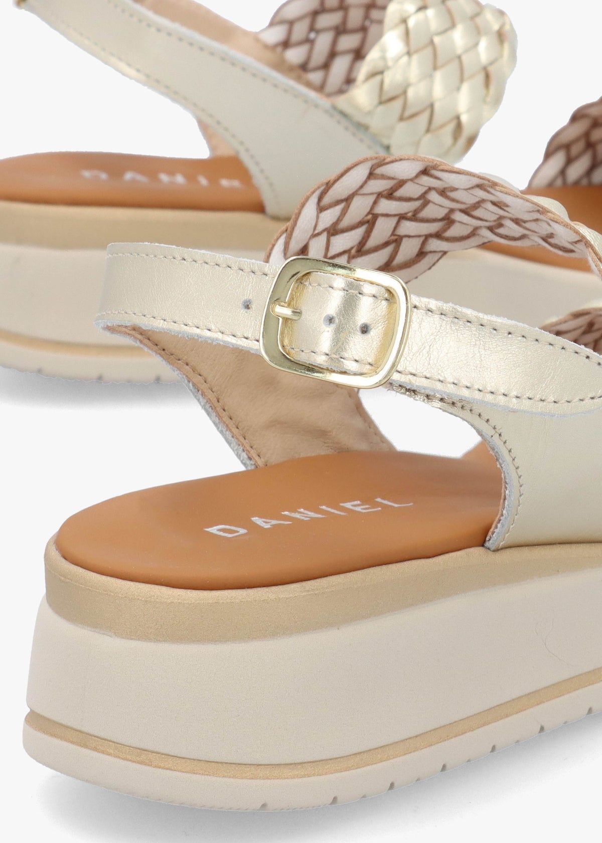Lait Gold Leather Woven Sling Back Low Wedge Sandals