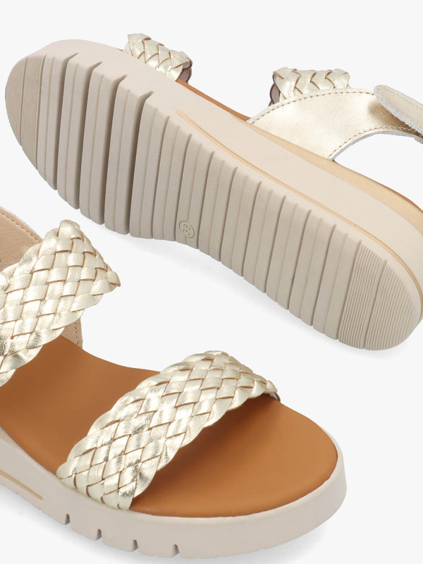 Lait Gold Leather Woven Sling Back Low Wedge Sandals
