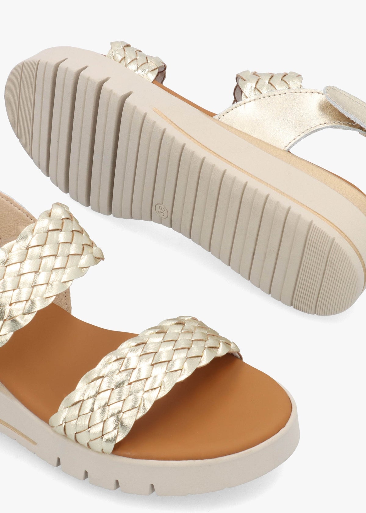 Lait Gold Leather Woven Sling Back Low Wedge Sandals