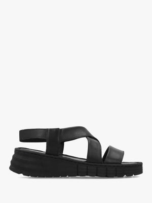 Luana Black Leather Cross Strap Sporty Low Wedge Sandals