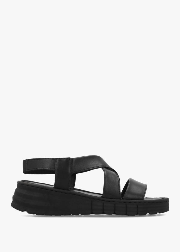 Luana Black Leather Cross Strap Sporty Low Wedge Sandals