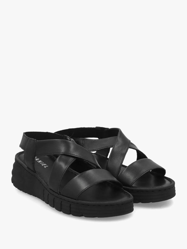 Luana Black Leather Cross Strap Sporty Low Wedge Sandals