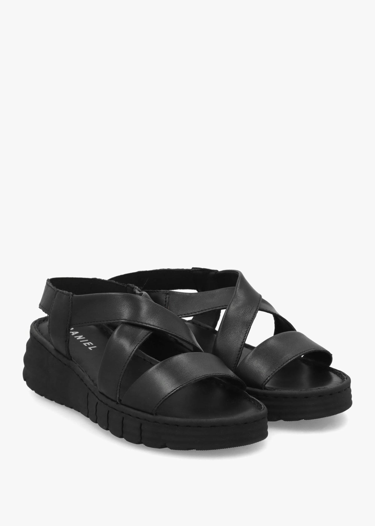Luana Black Leather Cross Strap Sporty Low Wedge Sandals