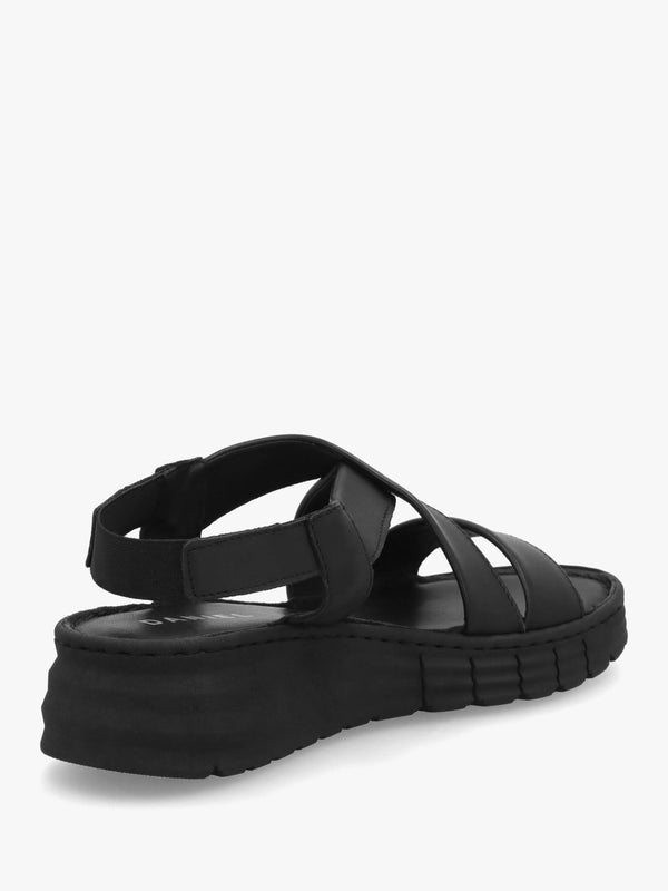 Luana Black Leather Cross Strap Sporty Low Wedge Sandals