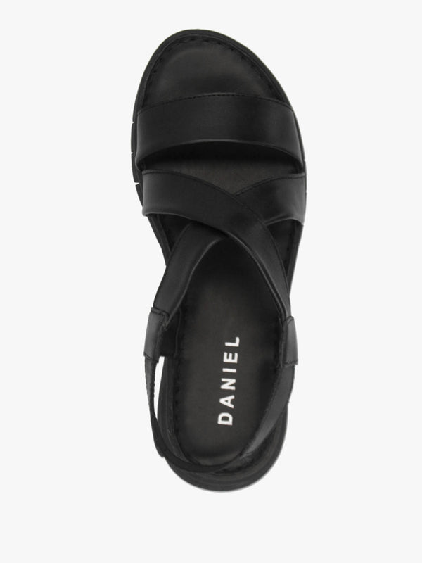 Luana Black Leather Cross Strap Sporty Low Wedge Sandals