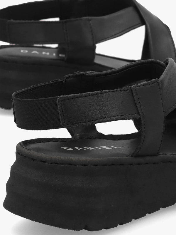 Luana Black Leather Cross Strap Sporty Low Wedge Sandals
