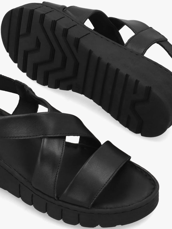 Luana Black Leather Cross Strap Sporty Low Wedge Sandals