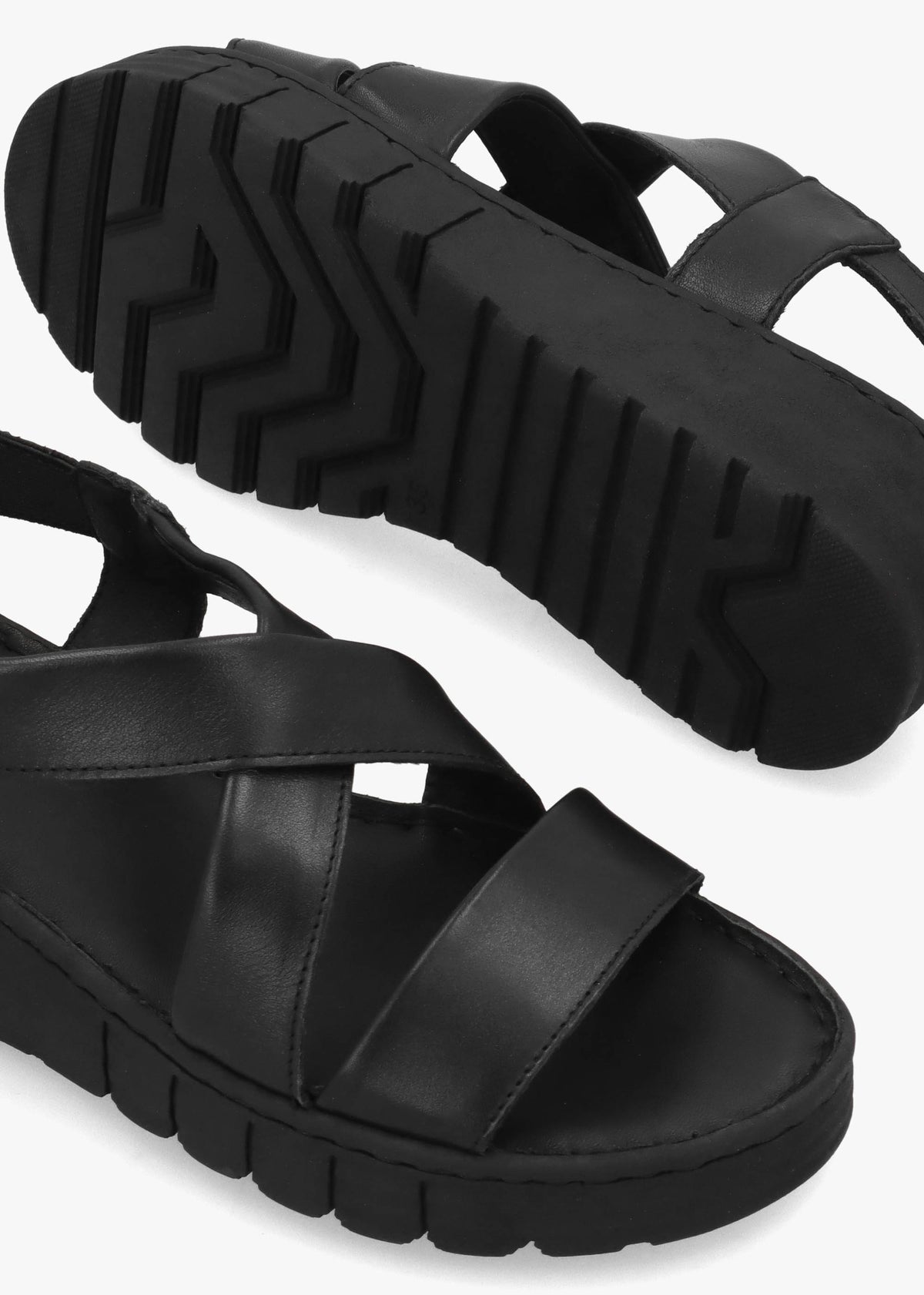 Luana Black Leather Cross Strap Sporty Low Wedge Sandals