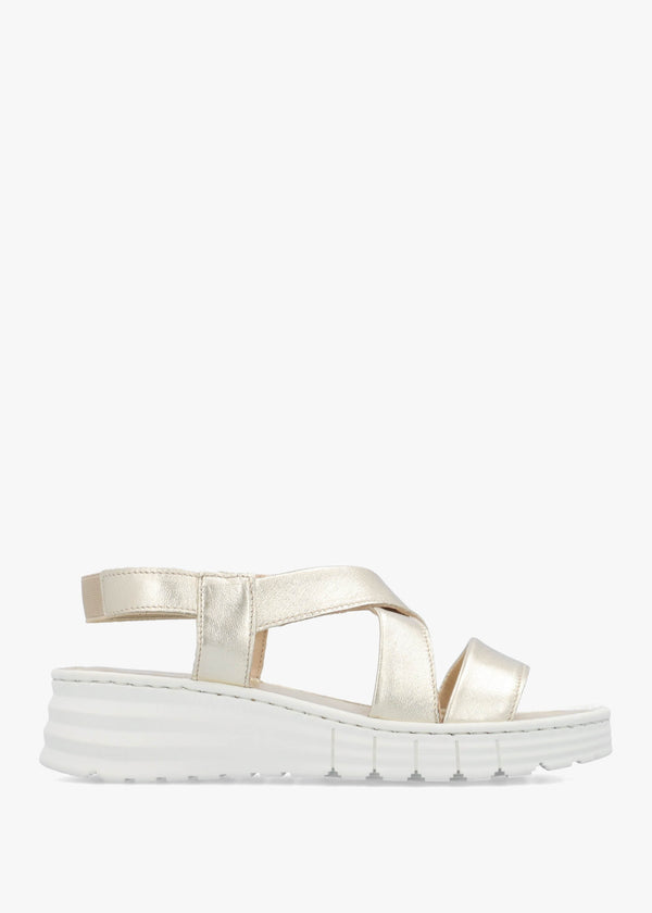 Luana Gold Leather Cross Strap Sporty Low Wedge Sandals