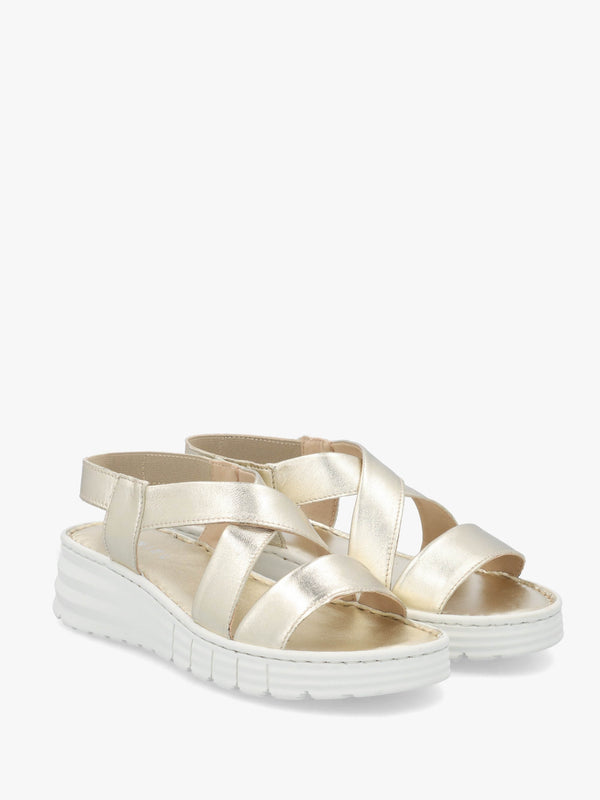 Luana Gold Leather Cross Strap Sporty Low Wedge Sandals