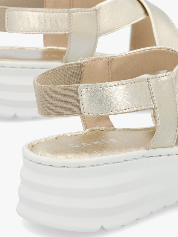 Luana Gold Leather Cross Strap Sporty Low Wedge Sandals
