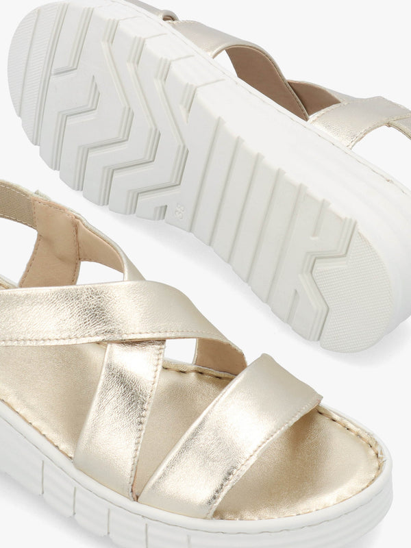 Luana Gold Leather Cross Strap Sporty Low Wedge Sandals