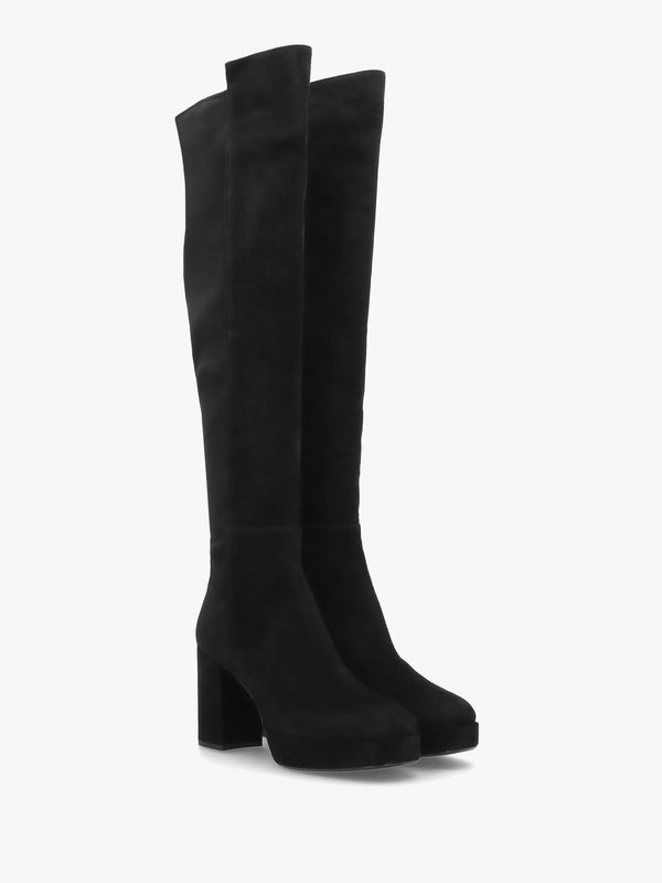 Honey Black Suede Block Heeled Platform Over The Knee Boots