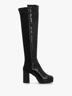 Honey Black Moc Croc Block Heeled Platform Over The Knee Boots