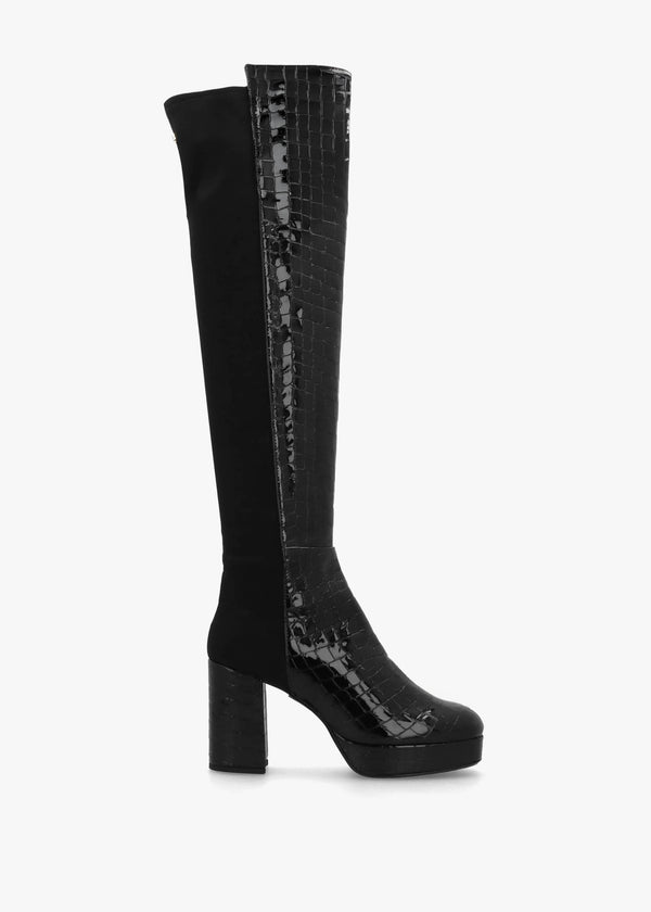 Honey Black Moc Croc Block Heeled Platform Over The Knee Boots