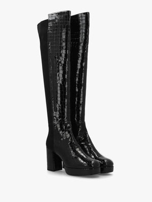 Honey Black Moc Croc Block Heeled Platform Over The Knee Boots