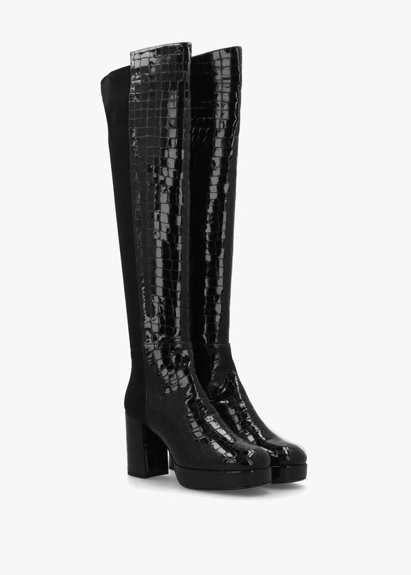 Honey Black Moc Croc Block Heeled Platform Over The Knee Boots