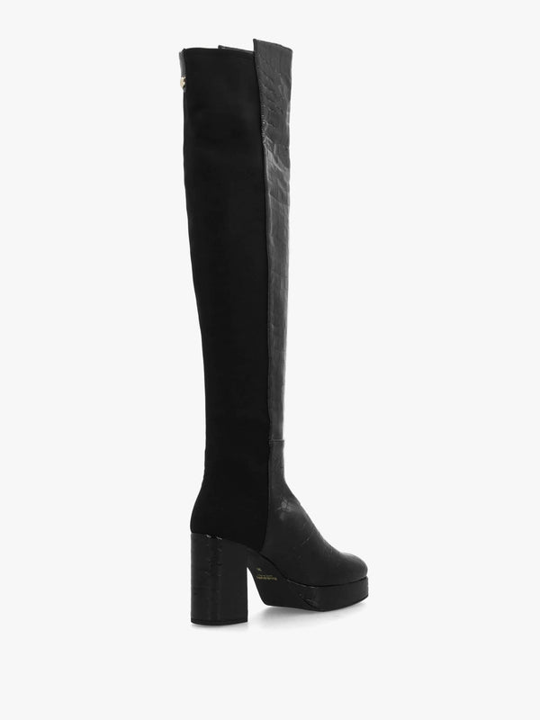 Honey Black Moc Croc Block Heeled Platform Over The Knee Boots