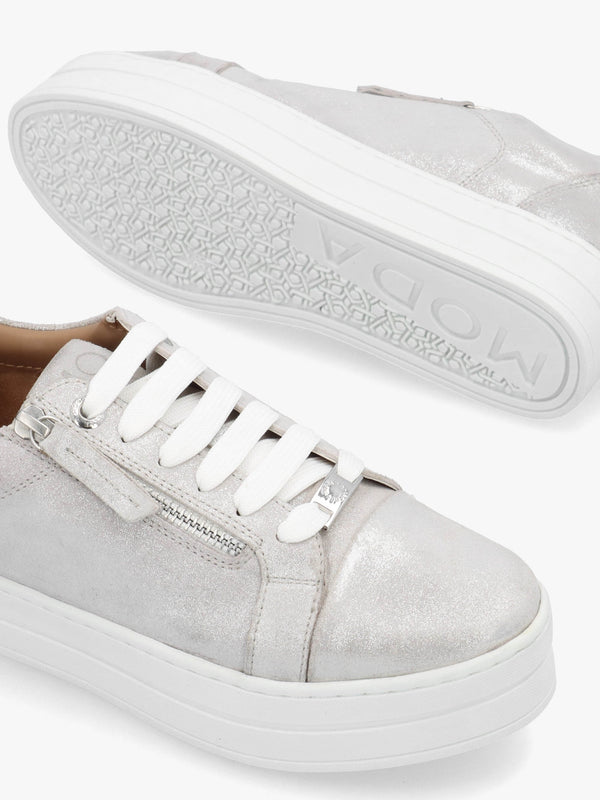 Abbee Silver Leather Side Zip Lace Up Flatform Trainers