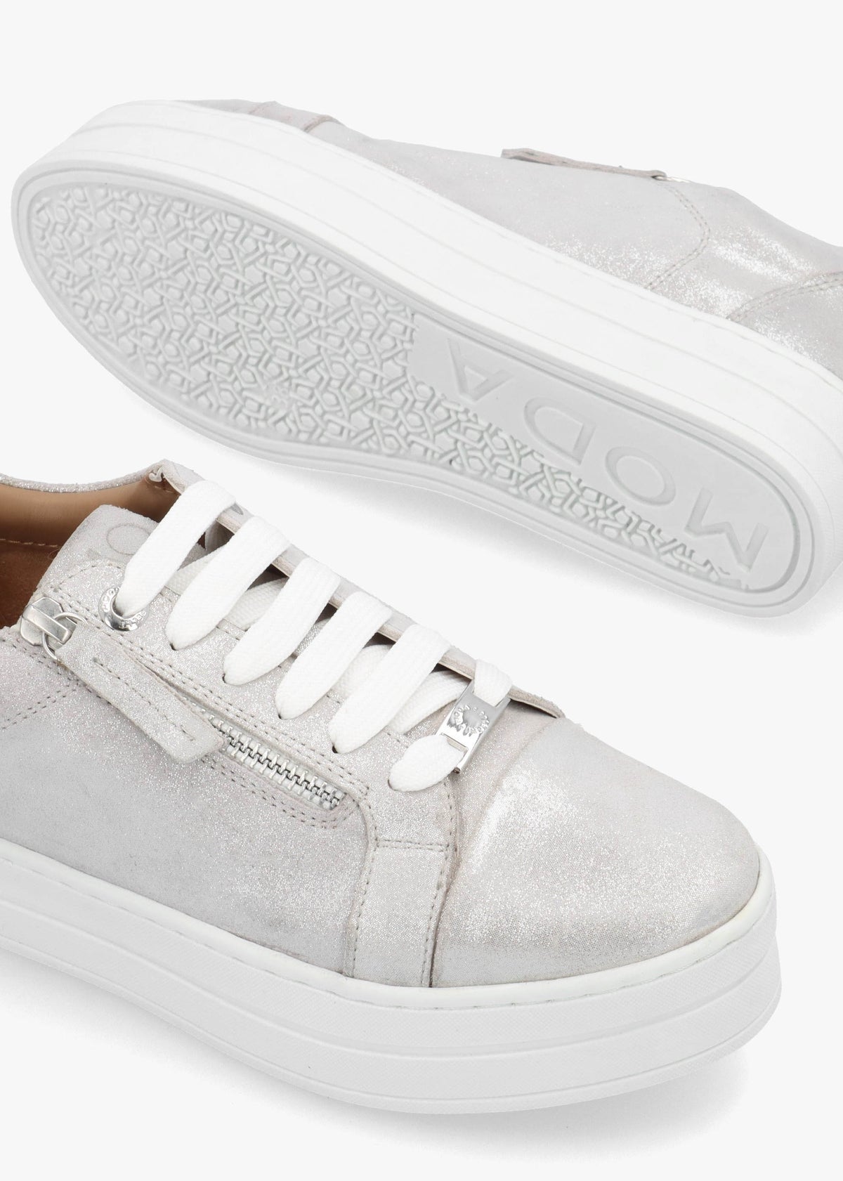 Abbee Silver Leather Side Zip Lace Up Flatform Trainers