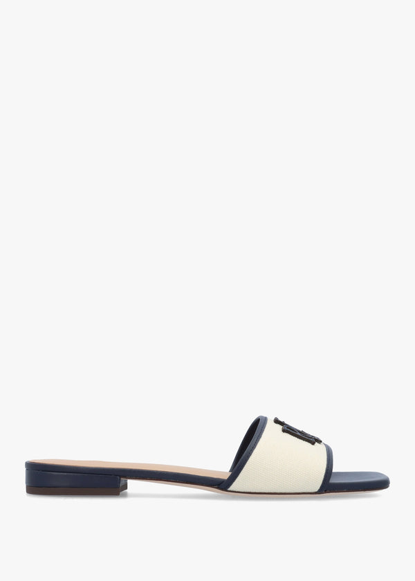 Everley Natural Refined Navy Leather Trim Canvas Slide Sandals