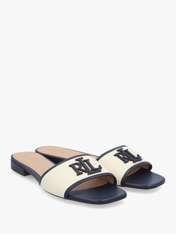 Everley Natural Refined Navy Leather Trim Canvas Slide Sandals