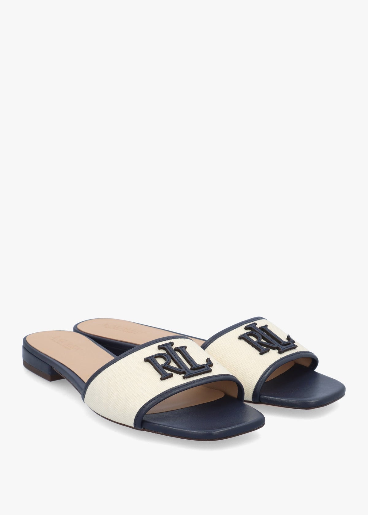 Everley Natural Refined Navy Leather Trim Canvas Slide Sandals