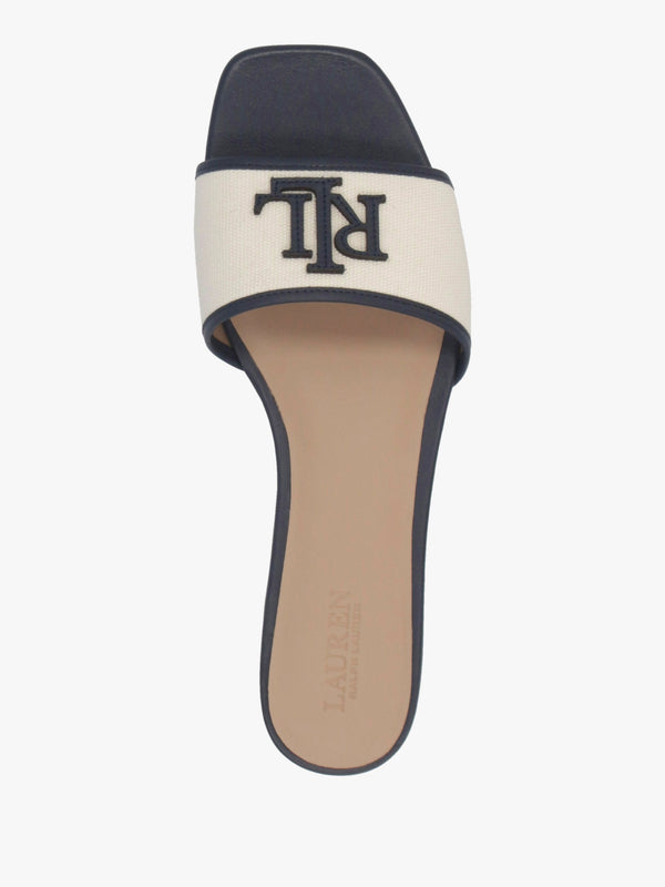 Everley Natural Refined Navy Leather Trim Canvas Slide Sandals
