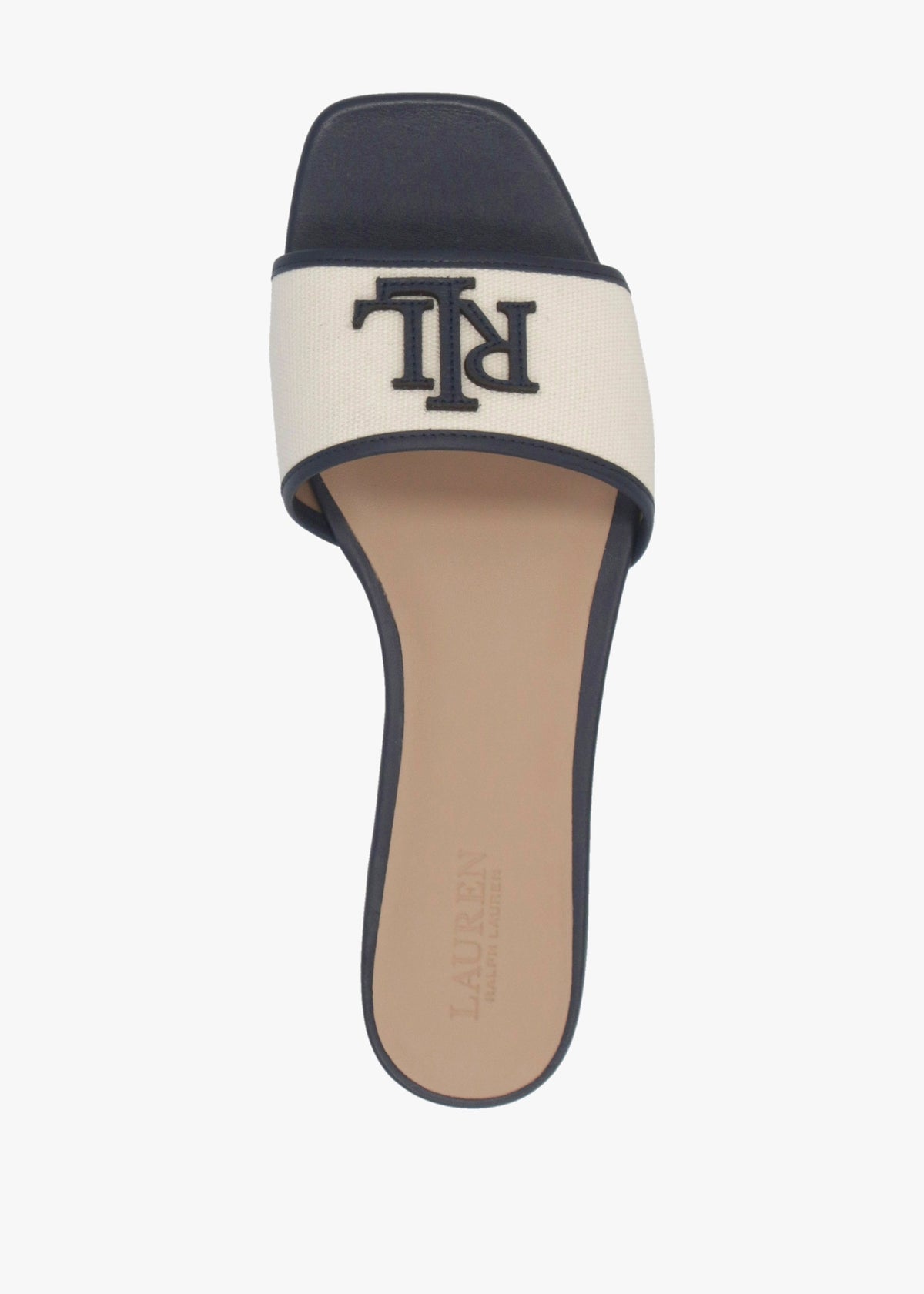 Everley Natural Refined Navy Leather Trim Canvas Slide Sandals