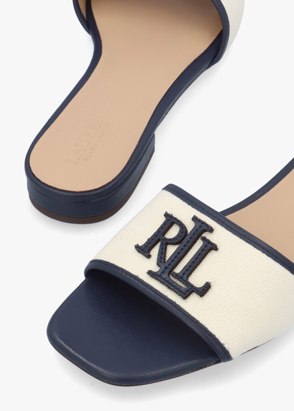 Everley Natural Refined Navy Leather Trim Canvas Slide Sandals