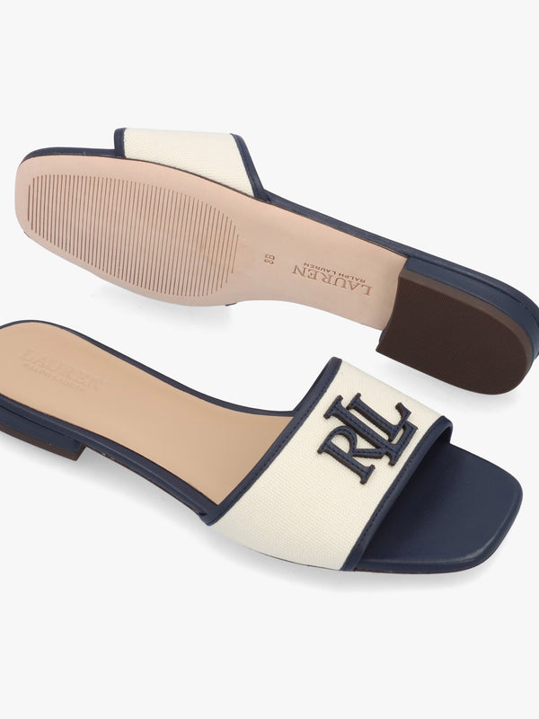 Everley Natural Refined Navy Leather Trim Canvas Slide Sandals