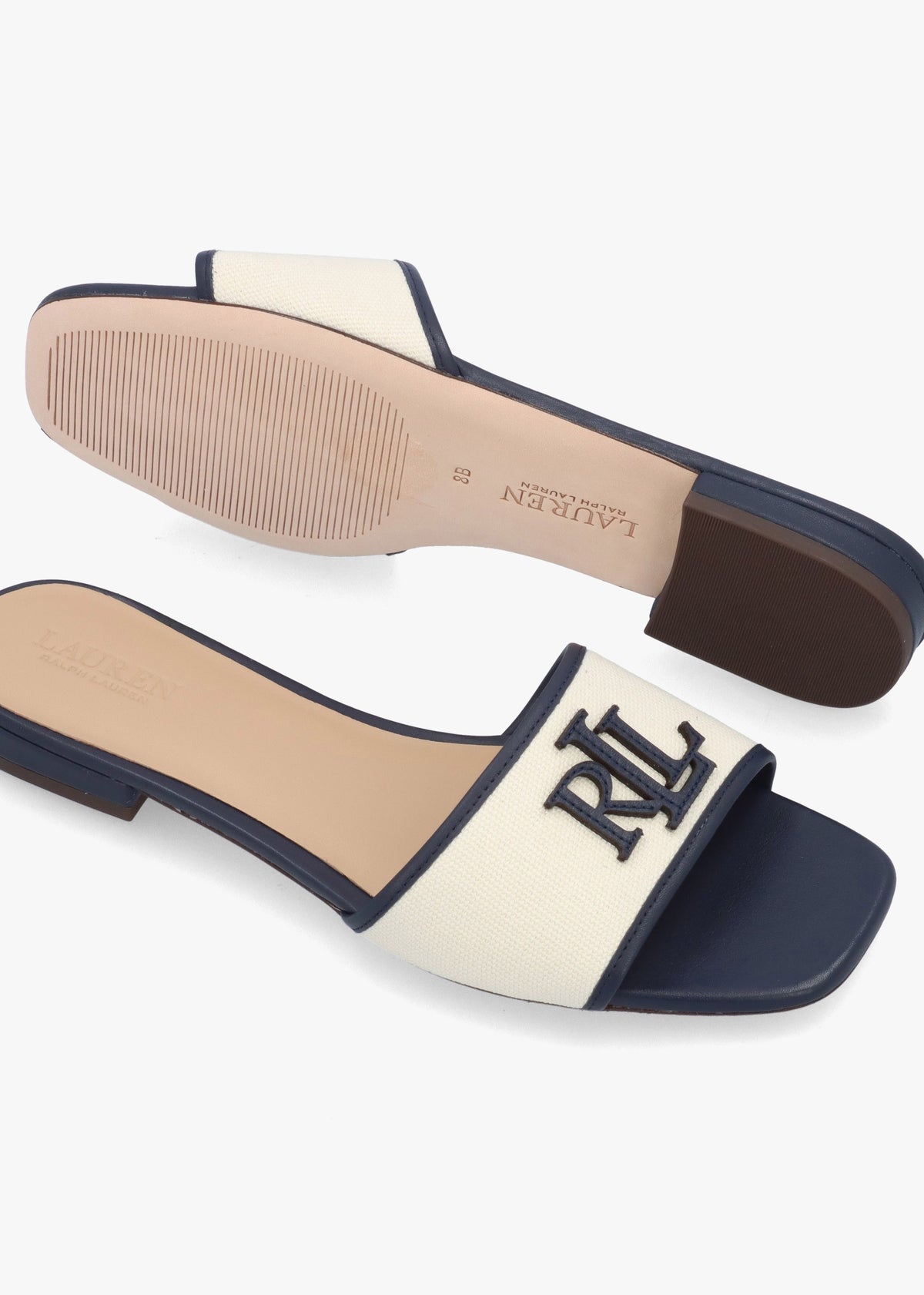 Everley Natural Refined Navy Leather Trim Canvas Slide Sandals