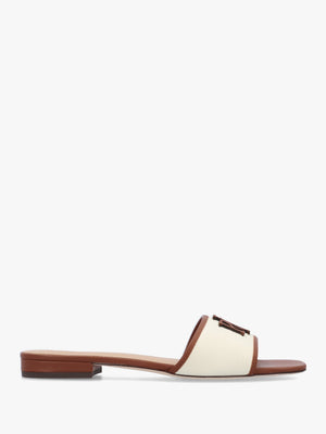 Everley Natural Tan Lauren Leather Trim Canvas Slide Sandals
