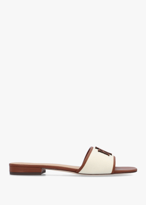 Everley Natural Tan Lauren Leather Trim Canvas Slide Sandals