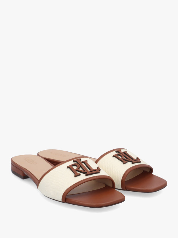 Everley Natural Tan Lauren Leather Trim Canvas Slide Sandals