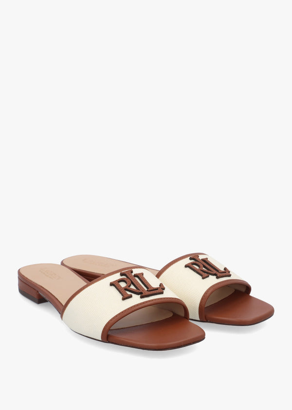 Everley Natural Tan Lauren Leather Trim Canvas Slide Sandals