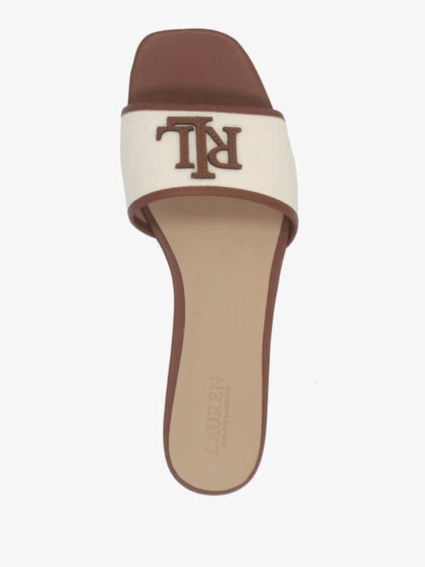Everley Natural Tan Lauren Leather Trim Canvas Slide Sandals