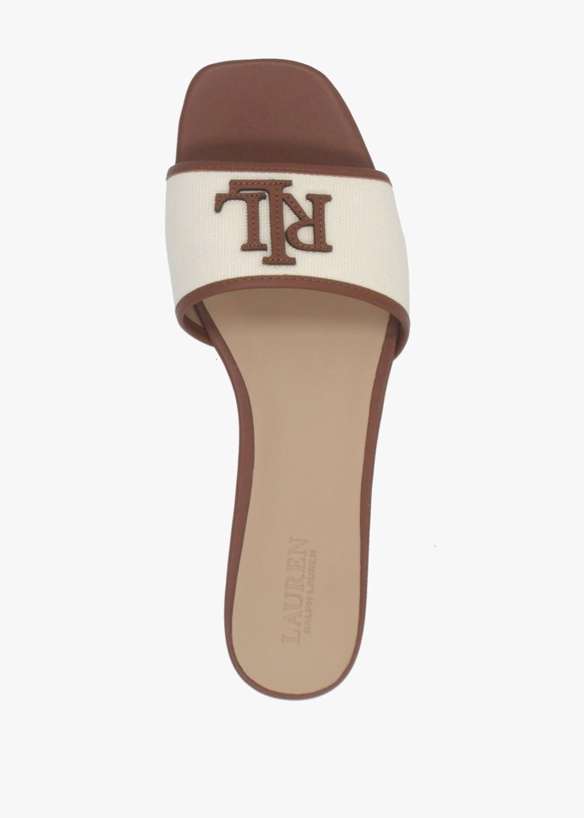 Everley Natural Tan Lauren Leather Trim Canvas Slide Sandals